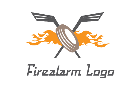 crossed hockey sticks and fire behind a tire logo