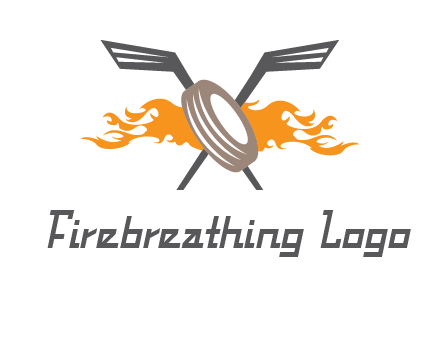 crossed hockey sticks and fire behind a tire logo