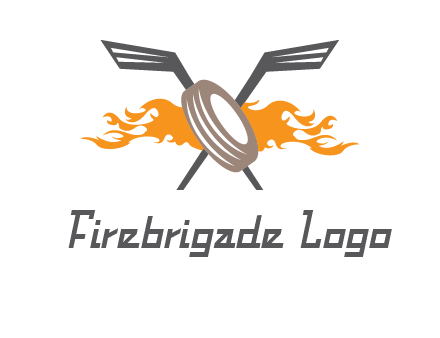 crossed hockey sticks and fire behind a tire logo