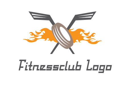 crossed hockey sticks and fire behind a tire logo