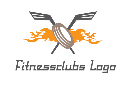 crossed hockey sticks and fire behind a tire logo
