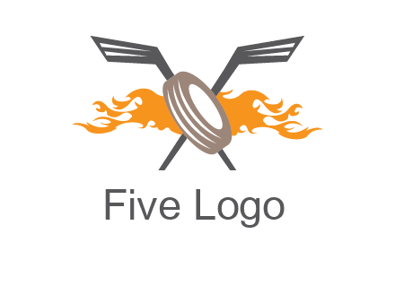 crossed hockey sticks and fire behind a tire logo