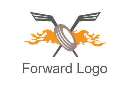 crossed hockey sticks and fire behind a tire logo