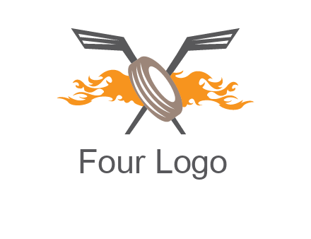 crossed hockey sticks and fire behind a tire logo