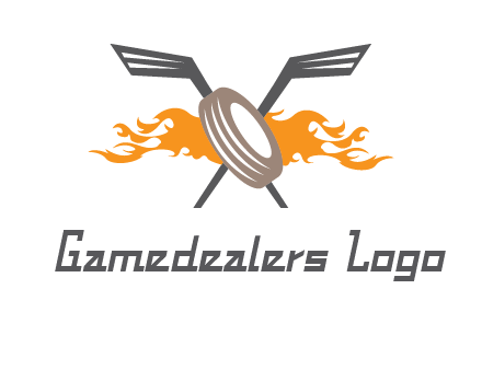 crossed hockey sticks and fire behind a tire logo