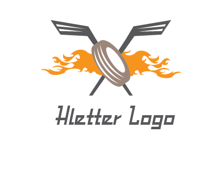 crossed hockey sticks and fire behind a tire logo