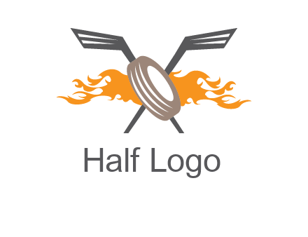 crossed hockey sticks and fire behind a tire logo