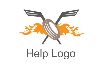 crossed hockey sticks and fire behind a tire logo