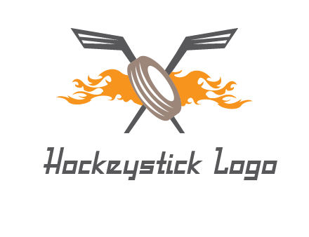 crossed hockey sticks and fire behind a tire logo