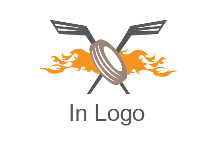 crossed hockey sticks and fire behind a tire logo