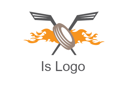 crossed hockey sticks and fire behind a tire logo