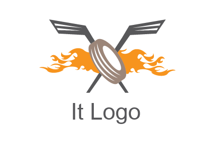 crossed hockey sticks and fire behind a tire logo