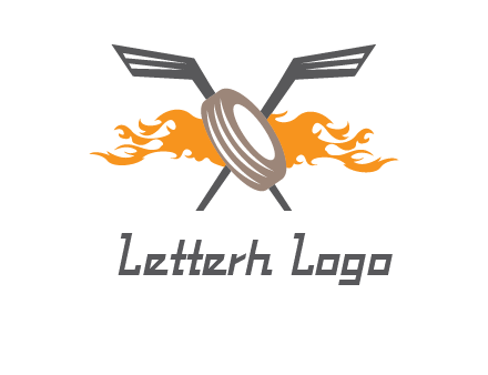 crossed hockey sticks and fire behind a tire logo