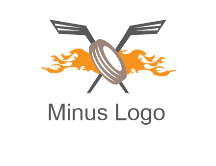 crossed hockey sticks and fire behind a tire logo