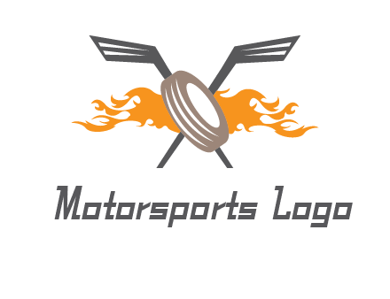 crossed hockey sticks and fire behind a tire logo
