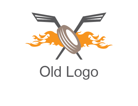 crossed hockey sticks and fire behind a tire logo