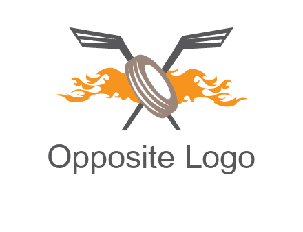 crossed hockey sticks and fire behind a tire logo