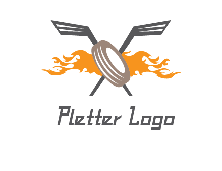 crossed hockey sticks and fire behind a tire logo