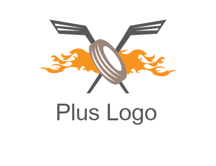 crossed hockey sticks and fire behind a tire logo