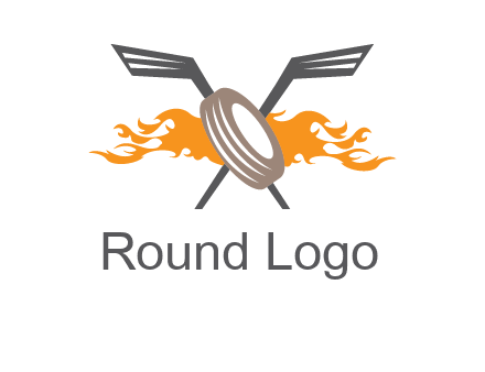 crossed hockey sticks and fire behind a tire logo