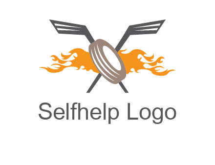 crossed hockey sticks and fire behind a tire logo