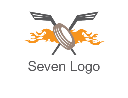 crossed hockey sticks and fire behind a tire logo