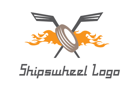 crossed hockey sticks and fire behind a tire logo