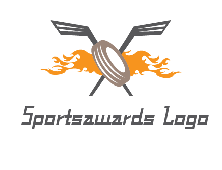 crossed hockey sticks and fire behind a tire logo