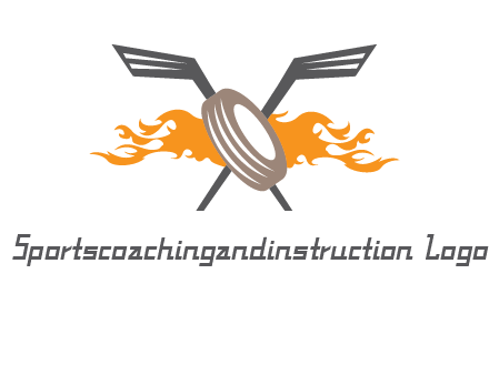 crossed hockey sticks and fire behind a tire logo