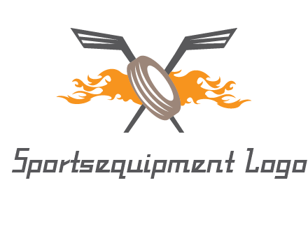 crossed hockey sticks and fire behind a tire logo