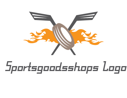 crossed hockey sticks and fire behind a tire logo