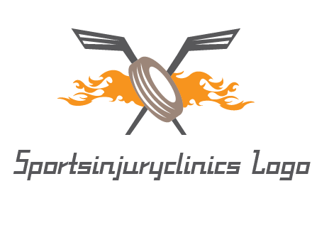 crossed hockey sticks and fire behind a tire logo