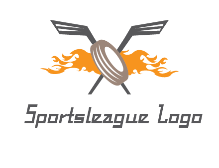 crossed hockey sticks and fire behind a tire logo