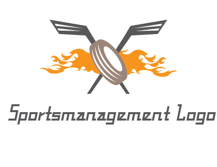 crossed hockey sticks and fire behind a tire logo