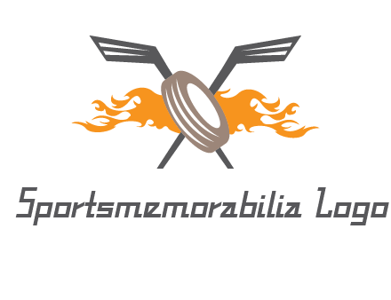 crossed hockey sticks and fire behind a tire logo