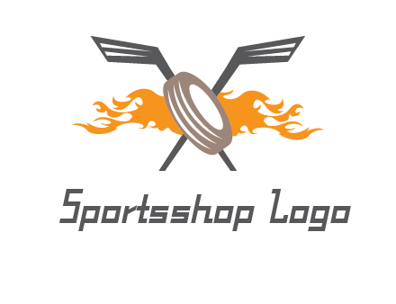crossed hockey sticks and fire behind a tire logo