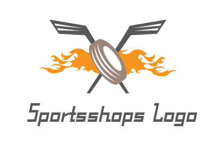 crossed hockey sticks and fire behind a tire logo