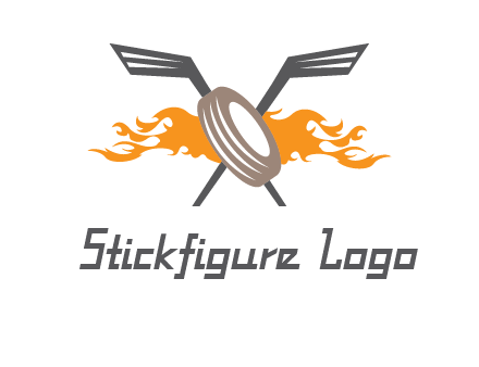 crossed hockey sticks and fire behind a tire logo