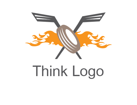crossed hockey sticks and fire behind a tire logo