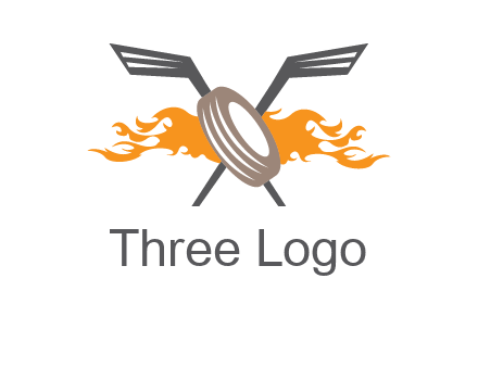 crossed hockey sticks and fire behind a tire logo