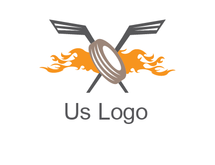 crossed hockey sticks and fire behind a tire logo