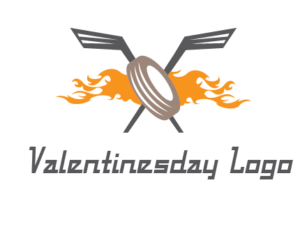 crossed hockey sticks and fire behind a tire logo