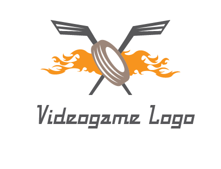 crossed hockey sticks and fire behind a tire logo