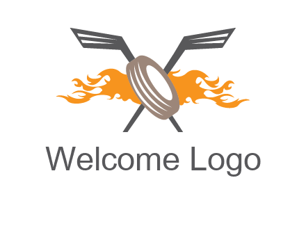 crossed hockey sticks and fire behind a tire logo