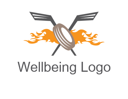 crossed hockey sticks and fire behind a tire logo