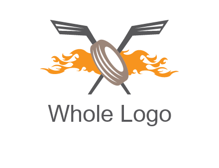 crossed hockey sticks and fire behind a tire logo