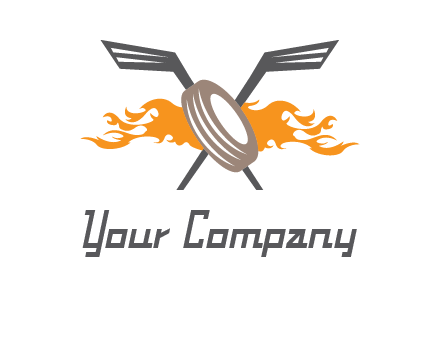 crossed hockey sticks and fire behind a tire logo
