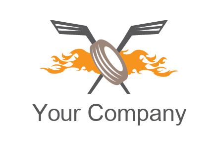 crossed hockey sticks and fire behind a tire logo