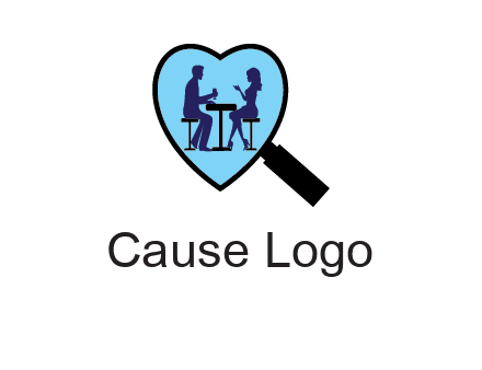 couple on a date under a heat shaped magnifying glass logo