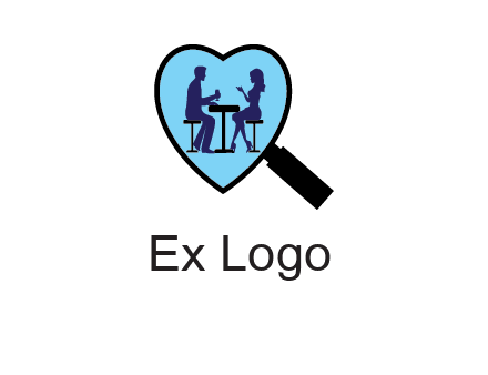 couple on a date under a heat shaped magnifying glass logo
